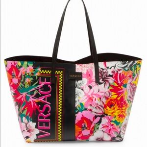 Leather Versace tote with a mixed floral design/ with graphic logo print